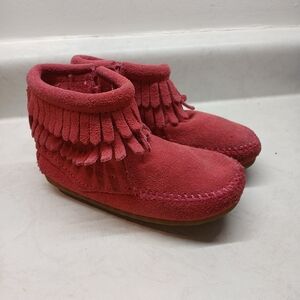 Minnetonka Pink Suede Fringe Moccasin Boots